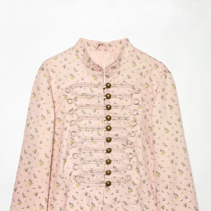 Damen Kurz geschnittene Satin-Militärjacke mit dekorativen Froschverschlüssen und Blumenprint Drune
