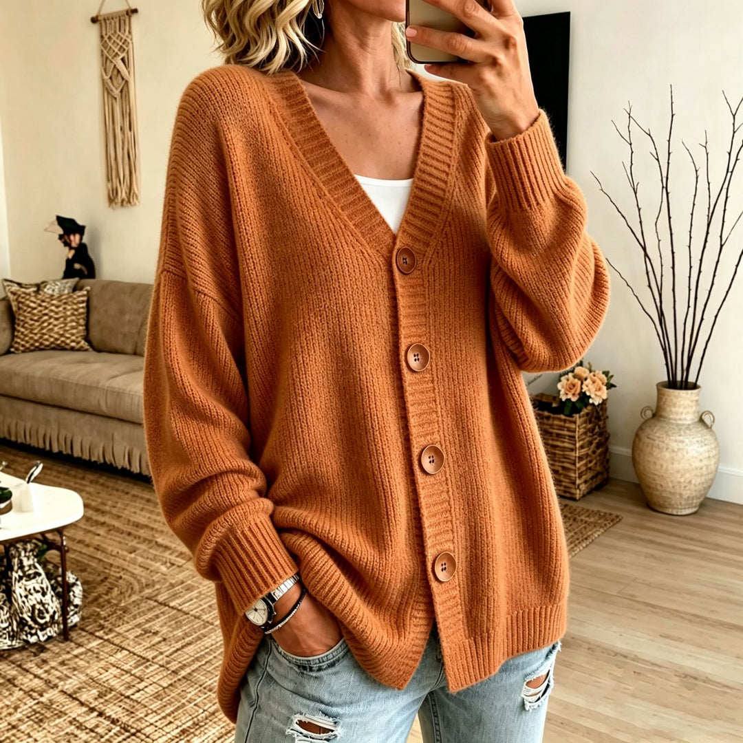 Damen Lockerer Longline-Cardigan mit tiefem V-Ausschnitt und Holzknöpfen Drune