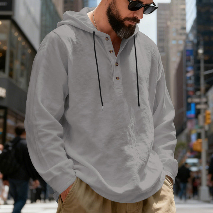 Herren nan leichter Kapuzenshirt mit Knopfleiste aus Leinenmischung und entspanntem Schnitt Drune