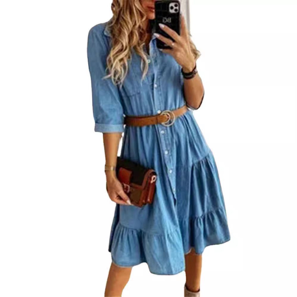 Damen nan Stufen-Hemdblusenkleid mit Taillenbetonung, durchgehender Knopfleiste und Brusttasche Drune