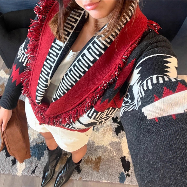 Damen gestrickte Cardigan mit fransigen Details und geometrischem Muster Drune