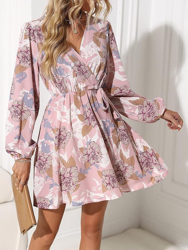 Damen Florales Wickel-Minikleid mit V-Ausschnitt, Bindegürtel und langen Ballonärmeln Drune