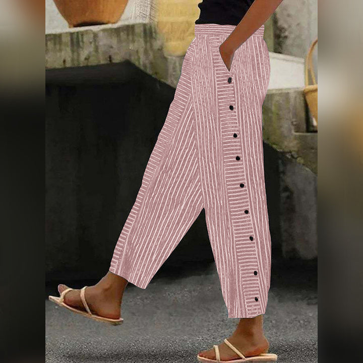 Damenweite Culotte-Hosen mit Paperbag-Taille, Knopfleiste und Seitentaschen Drune