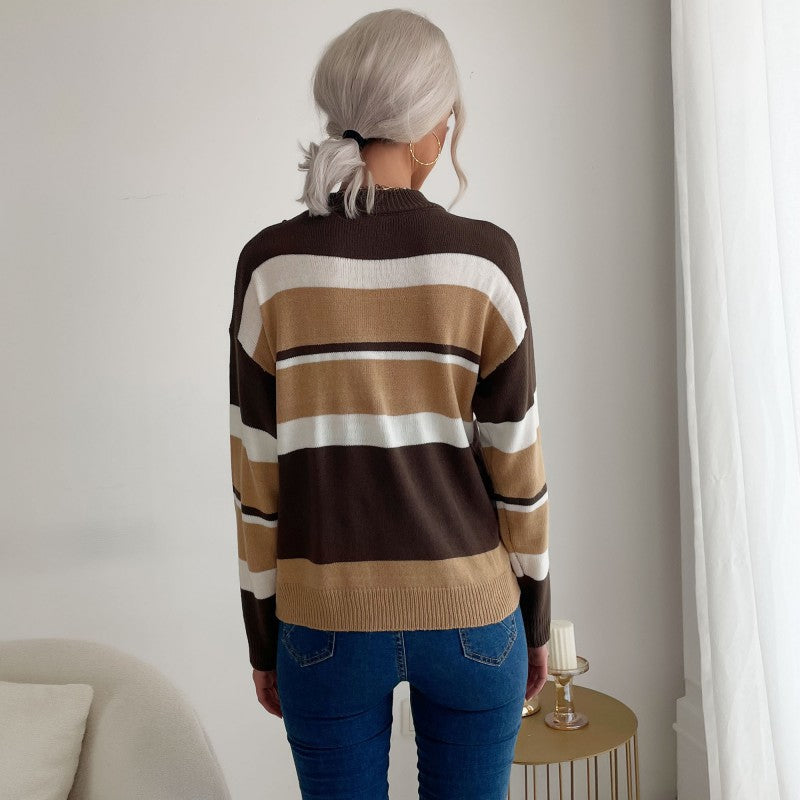 Damen Langärmliger Ringel-Feinstrickpullover mit kurzem Stehkragen und legerer Silhouette Drune