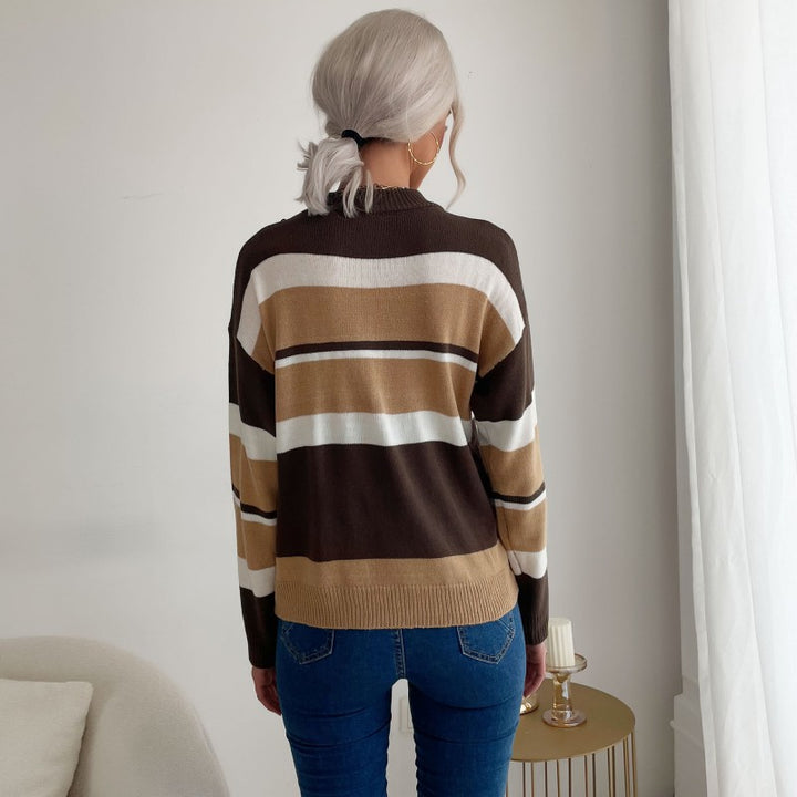 Damen Langärmliger Ringel-Feinstrickpullover mit kurzem Stehkragen und legerer Silhouette Drune