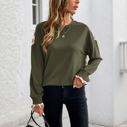 Damen Lässiges Rundhals-Sweatshirt mit Karomuster‑Einsätzen und gerafften Manschetten Drune