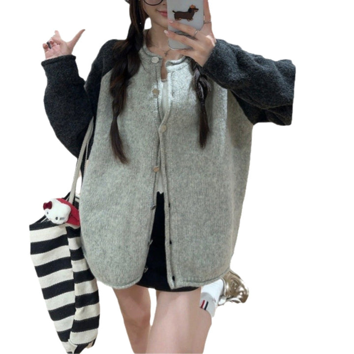 Damen kuschelige Wolljacke mit kontrastierenden Ärmeln und Knopfverschluss Drune