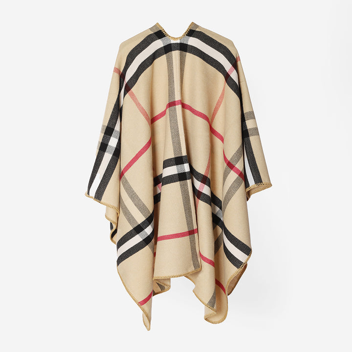 Damen Karierter Wollmix‑Poncho im Oversize‑Cape‑Schnitt mit Zierstichkante Drune