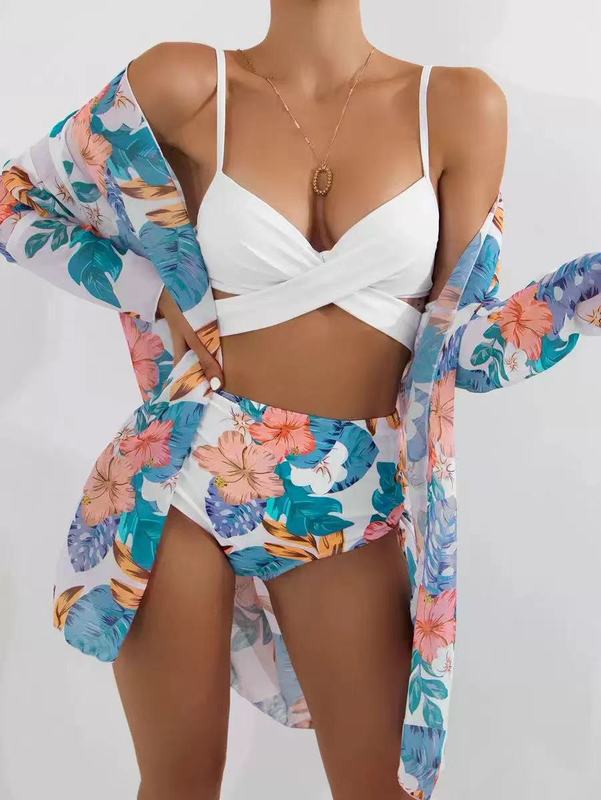 Damen Bikini-Set mit hochgeschnittenem Slip und floralem Kimono Drune