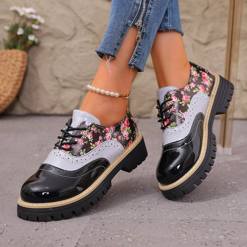 Damen florale Brogue-Schnürschuhe mit mehrlagigem Materialmix und profilierter Gummisohle Drune