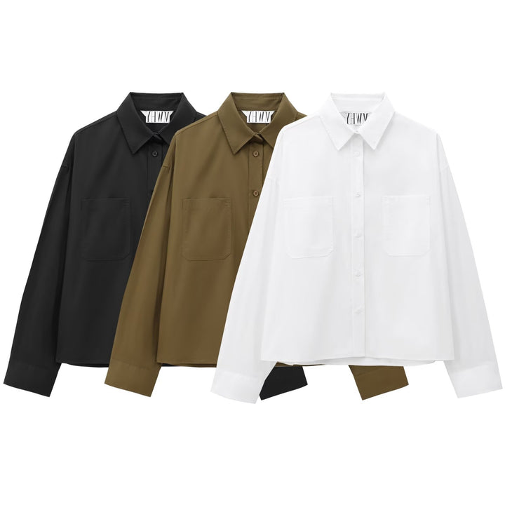 Damen Boxy-Cropped-Hemdjacke mit aufgesetzten Brusttaschen Drune
