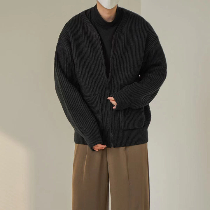 Unisex Oversized Boxy-Strickjacke mit verdecktem Reißverschluss und breiter Rippenstruktur Drune