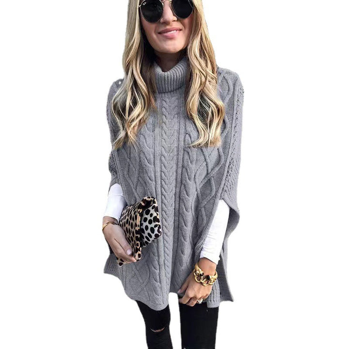 Damen nan kastiger Strickponcho mit hohem Rollkragen, Zopfstruktur und seitlichen Schlitzen Drune