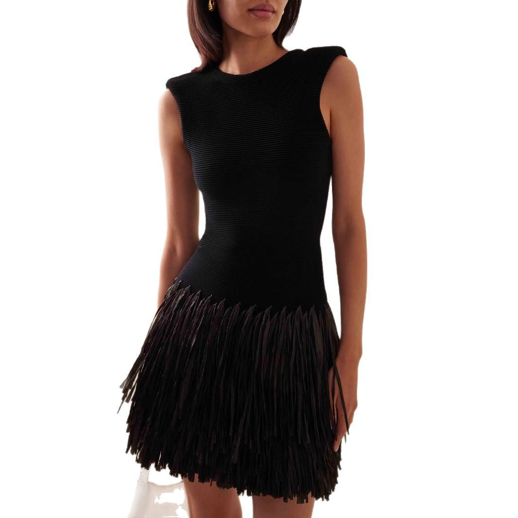 Damen Figurbetontes Mini-Kleid mit Fransen und Rundhalsausschnitt Drune