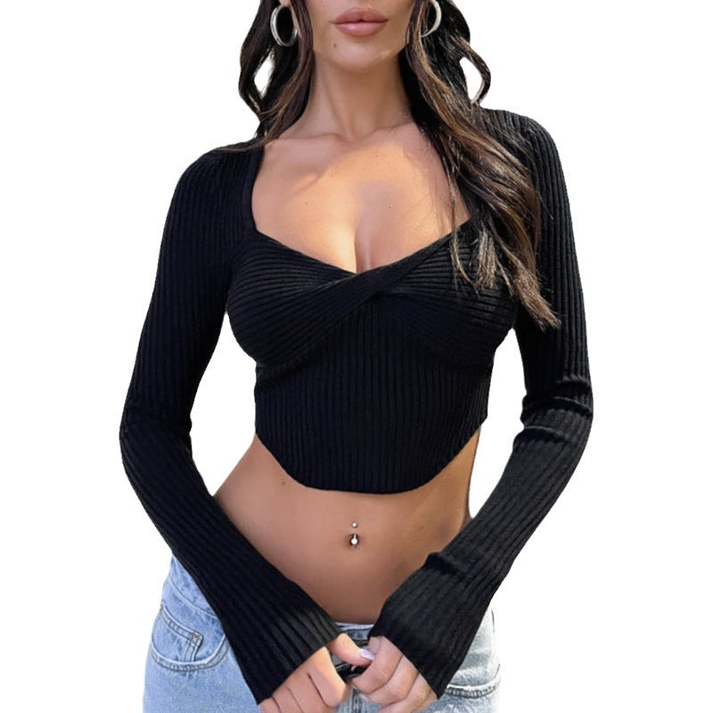 Damen Cropped Pullover mit schmalem Schnitt und Wickeldesign Drune