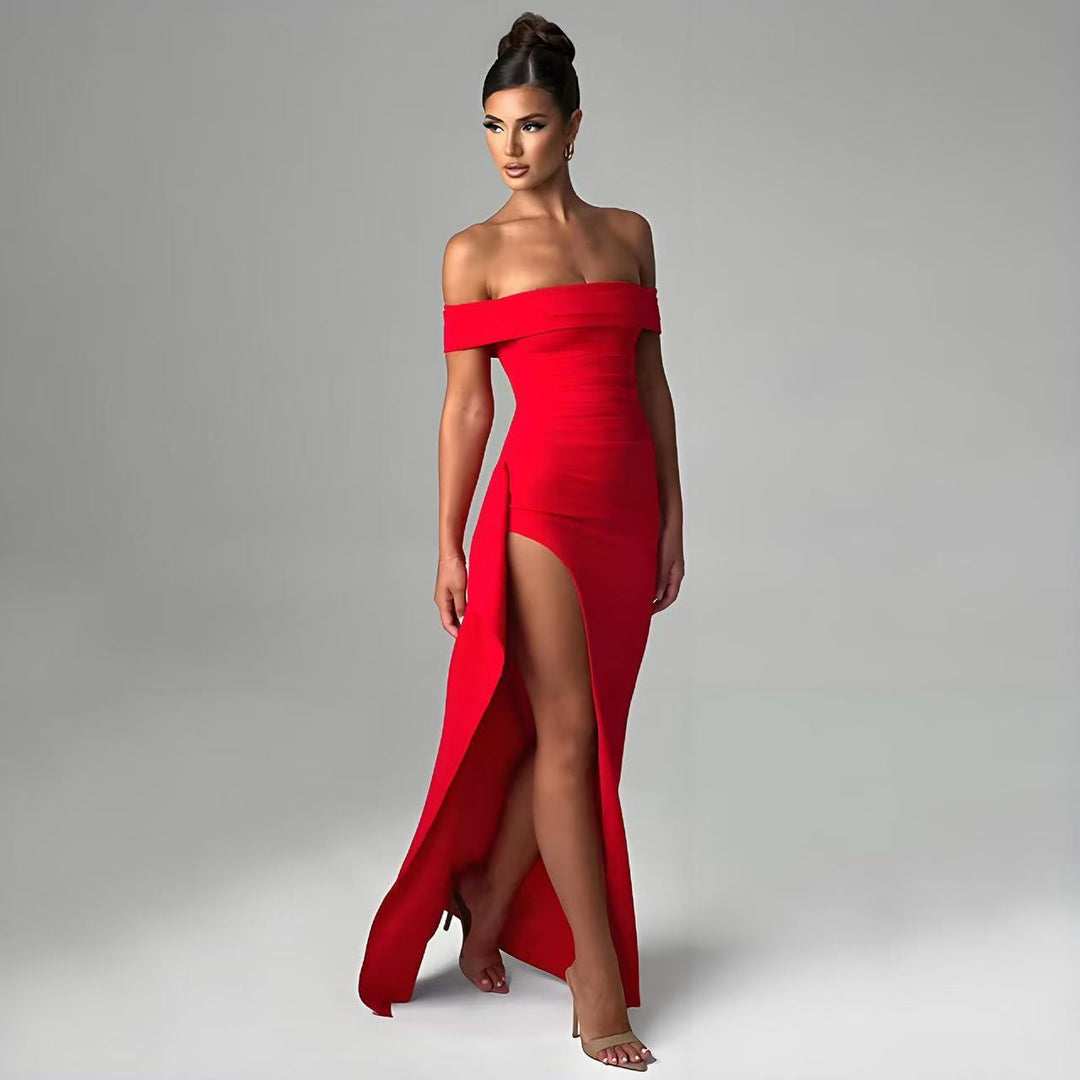 Damen Elegantes Off-Shoulder-Maxi-Kleid mit Hohem Schlitz Drune