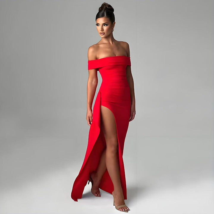 Damen Elegantes Off-Shoulder-Maxi-Kleid mit Hohem Schlitz Drune