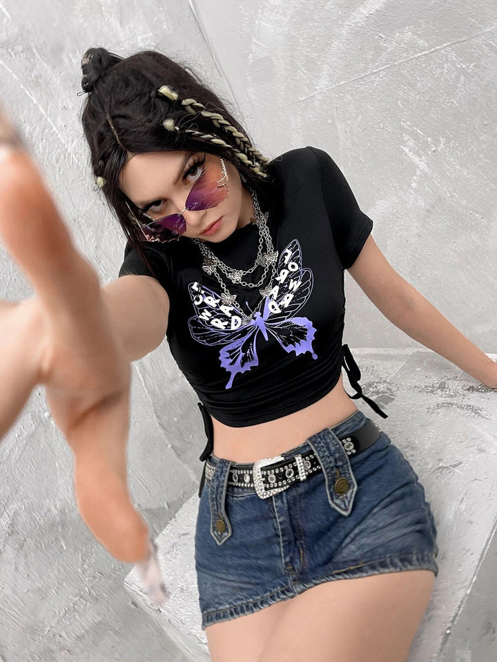 Damen Crop-Top mit kreativem Skeletthand-Motiv Drune