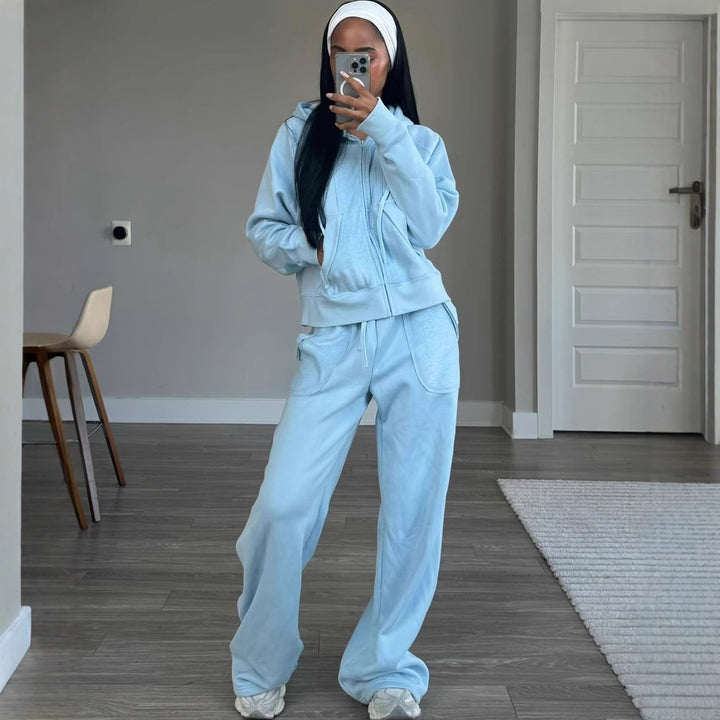 Damen Sportanzug mit modernem Hoodie und weiten Hosen Drune