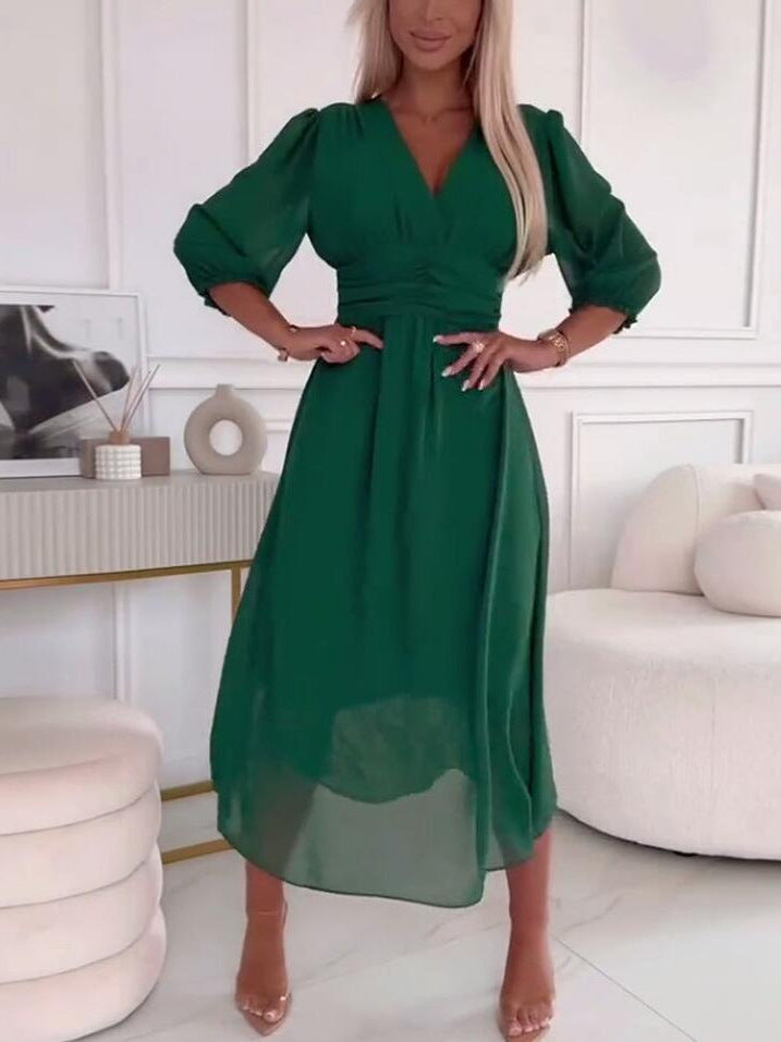 Damen Chiffon Maxi Kleid mit V-Ausschnitt, Rüschengesäß und 3/4 Ärmeln Drune