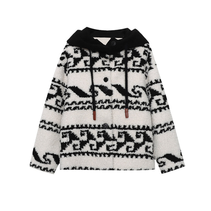 Damen kuschelige Oversized-Jacke mit grafischem Muster und hochwertigen Details Drune