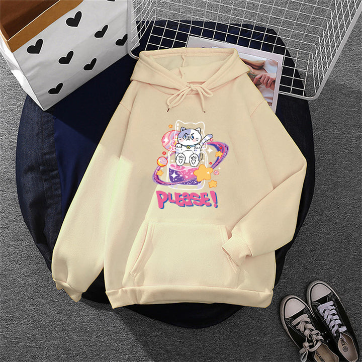 Damen nan oversized Kapuzenpullover im Streetstyle mit weichem Fleece-Innenfutter, Kängurutasche und farbenfrohem Cartoon-Katzen-Planet-Print Drune