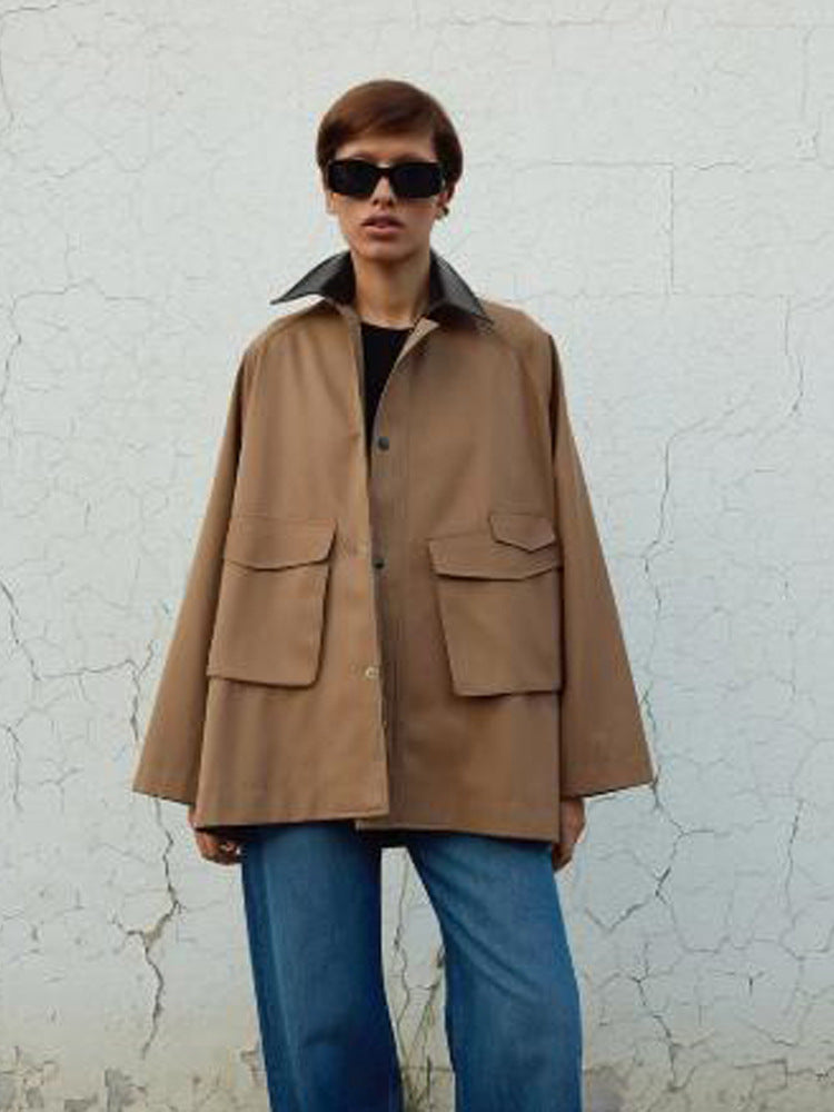 Damen Oversize utilitarische Jacke mit großen Pattentaschen und Kontrastkragen Drune
