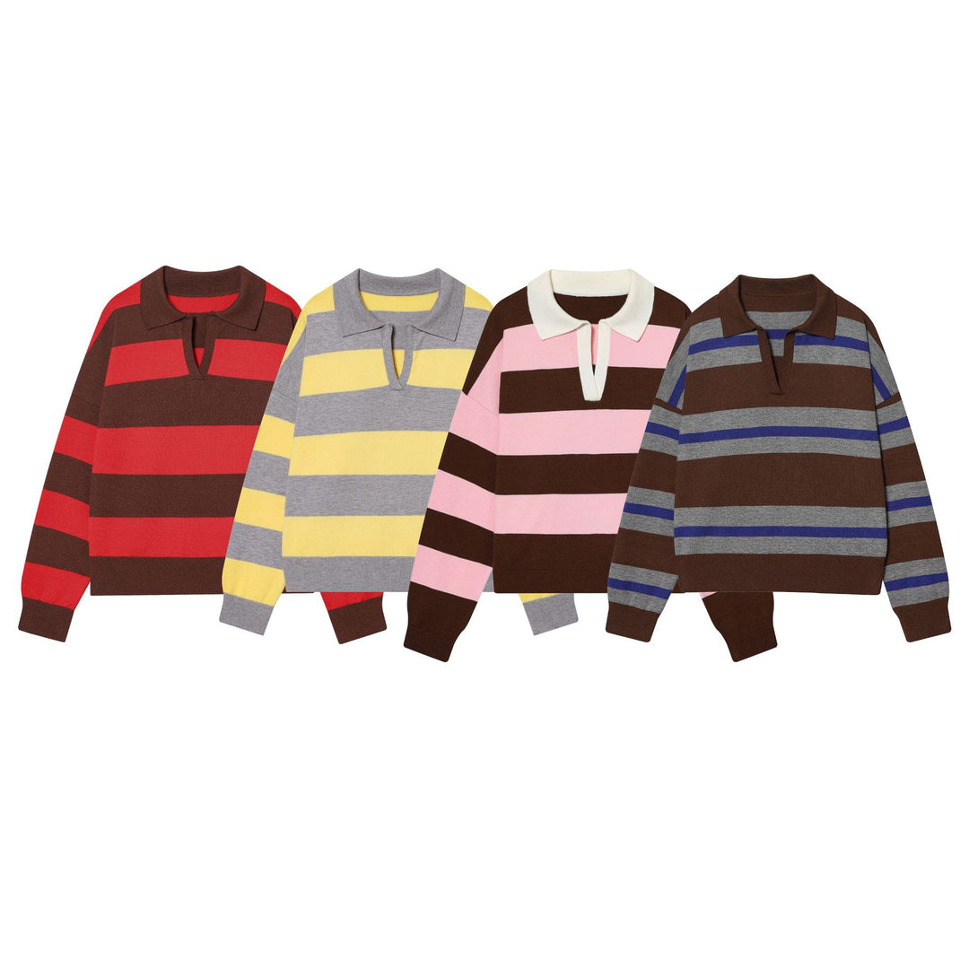 Damen nan gestreifter Rugby-Pullover mit Polokragen, offenem V‑Ausschnitt und breitem Rippbund Drune
