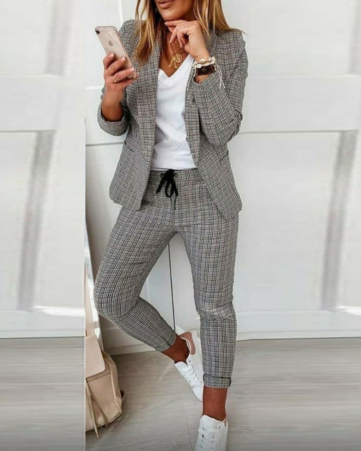 Damen nan lässig-elegantes Karozweiteiler Blazer mit Tunnelzug-Slimhose Drune