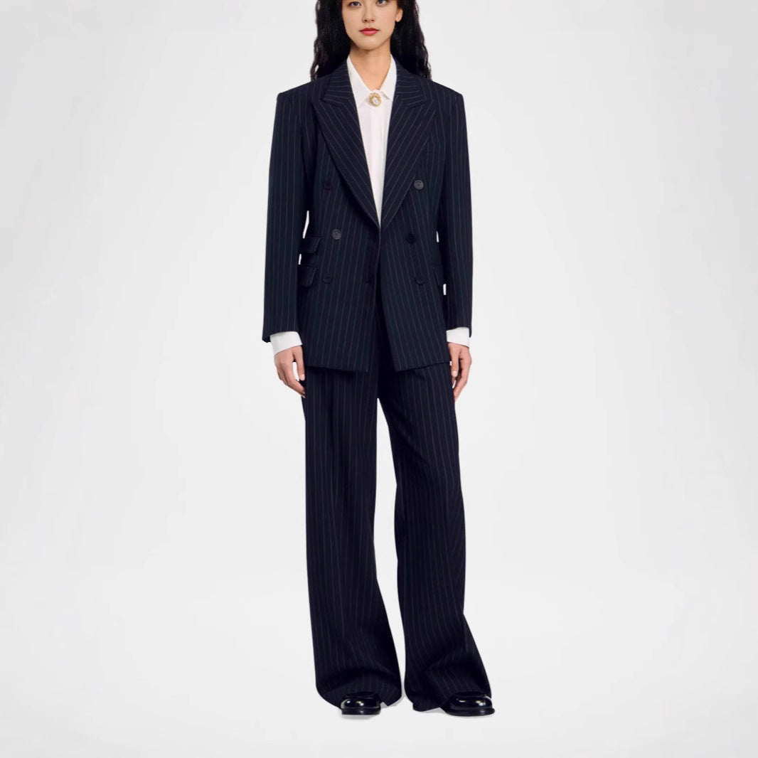 Damen Zweireihiger Nadelstreifen-Hosenanzug mit Oversize-Blazer und weitem Bundfaltenhose Drune