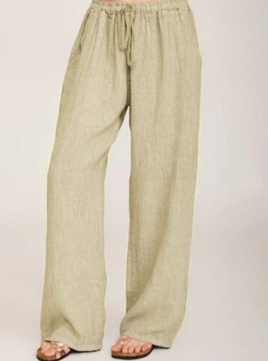 Damen Weite Leinenhose mit elastischem Bund und Seitentaschen Drune