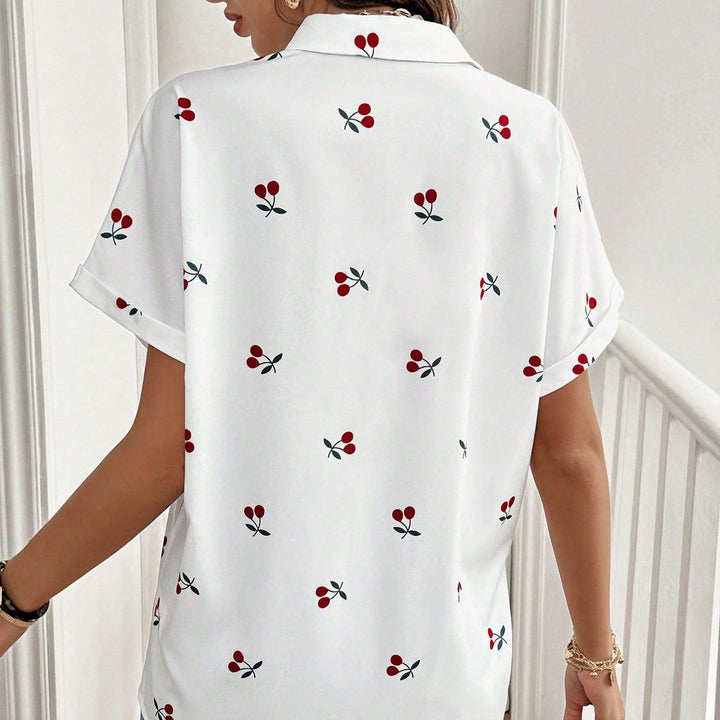 Damen Kurzarm Bluse mit Kirschmotiv und Tasche Drune
