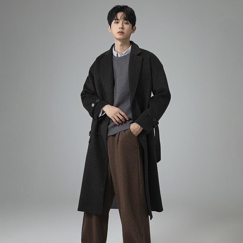 Herren Maxilanger Wollmix-Mantel im Tweed-Look mit Oversize-Schnitt, Doppelreihe und Bindegürtel Drune