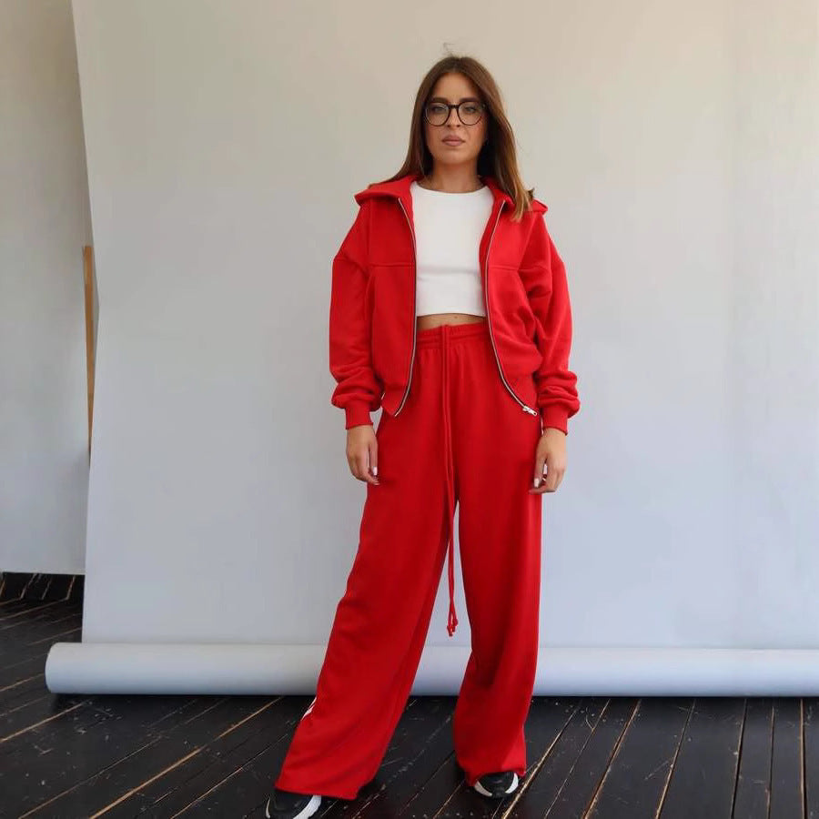 Damen lässiger Freizeit-Jogginganzug mit cropped Sweatjacke und weiten Hosen Drune