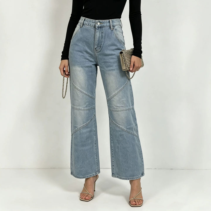 Damen nan weite Jeanshose mit hohen Bund, geschwungenen Ziernähten und weitem Bein Drune