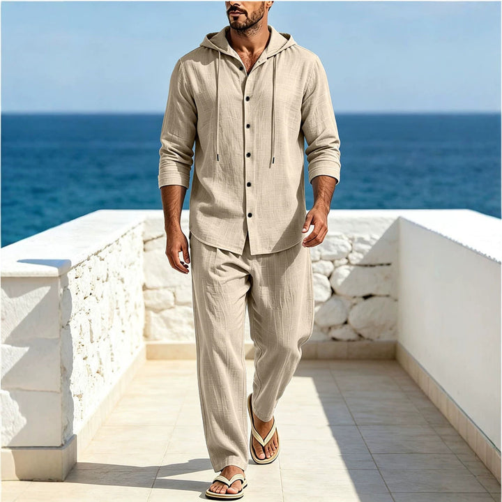 Herren Atmungsaktives Baumwoll-Gauze Loungewear-Set mit Kapuzenhemd und weiten Sommerhosen Drune