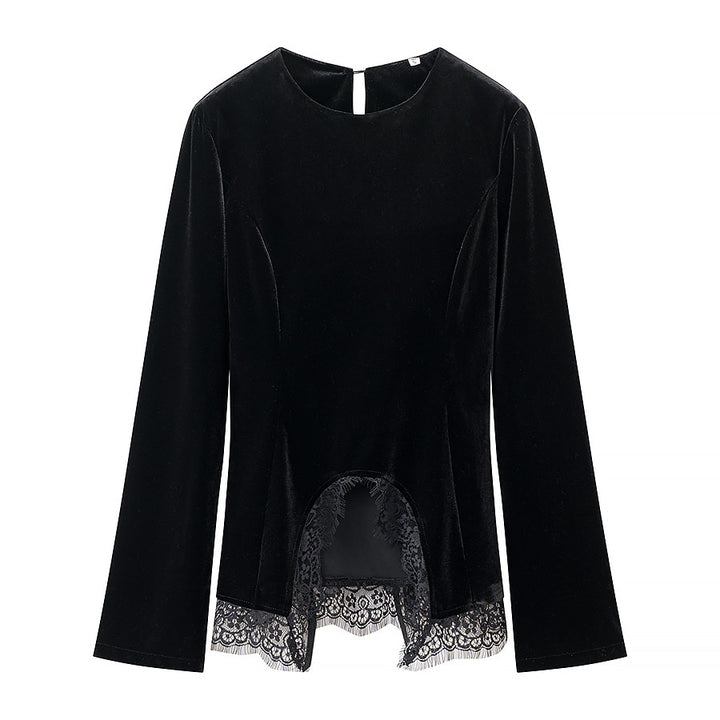 Damen Samtbluse mit Spitzen-Insert und asymmetrischem Spitzensaum Drune