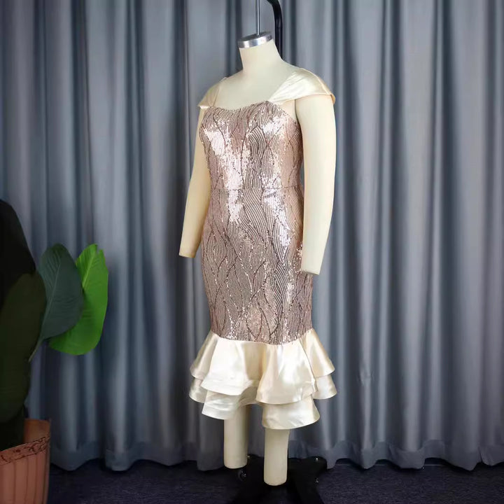 Damen glamouröses Abendkleid mit schimmernden Pailletten und voluminösem Rüschenabschluss Drune