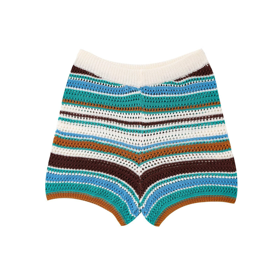 Damen luftige Strickshorts mit buntem Streifenmuster Drune
