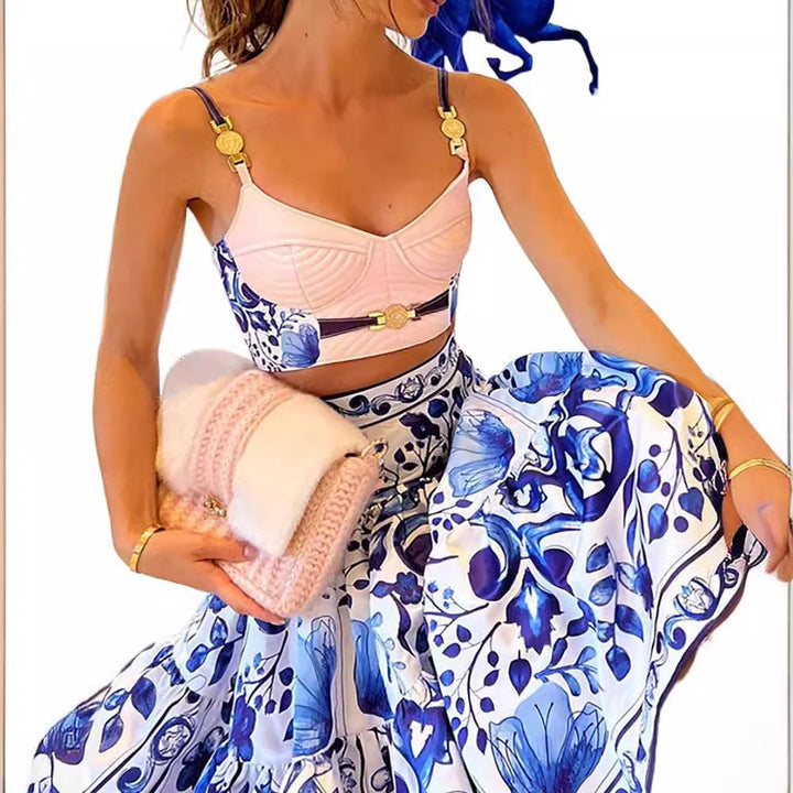 Damen Zweiteiliges Kleidungsset mit floralem Design und modischem Bustier Drune