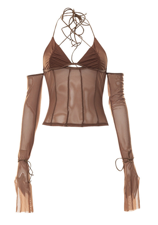 Damen Crop-Top mit transparentem Design und raffinierten Rüschenärmeln Drune