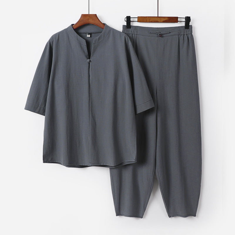 Herren Zweiteiliges Leichtes Leinen-Baumwoll-Set mit Mandarin-Kragen und elastischer Bundhose Drune