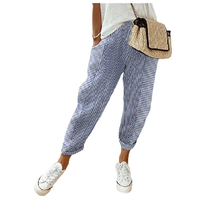 Damen Freizeit Leinenlook Hose mit Streifen, elastischem Bund und Saumabschluss Drune
