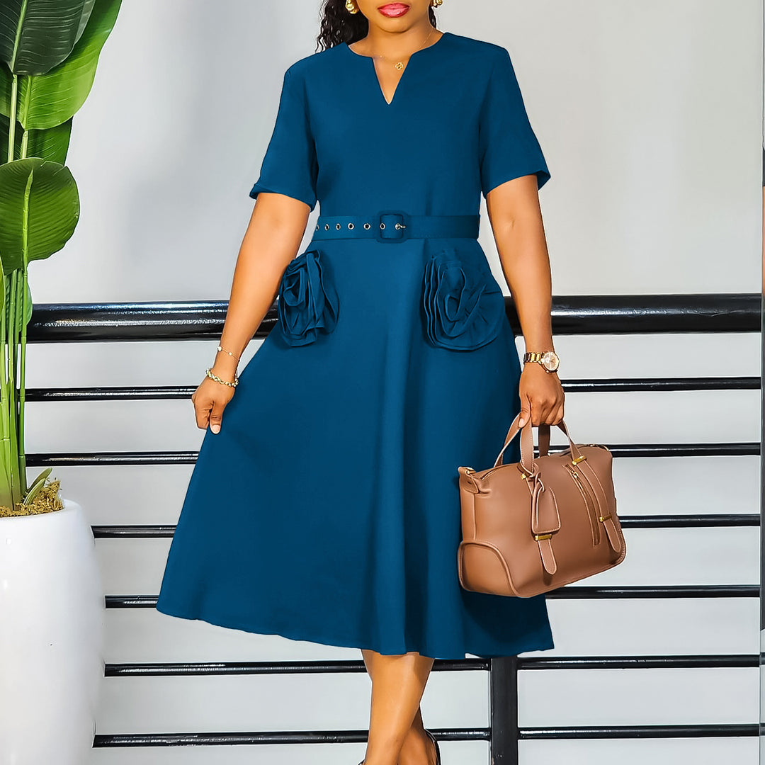 Damen elegantes Midi-Kleid mit Blumenapplikationen und Taillengürtel Drune