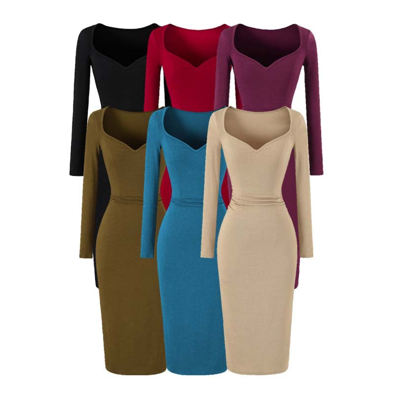 Damen Eng anliegendes Midikleid mit herzförmigem Ausschnitt und langen Ärmeln Drune