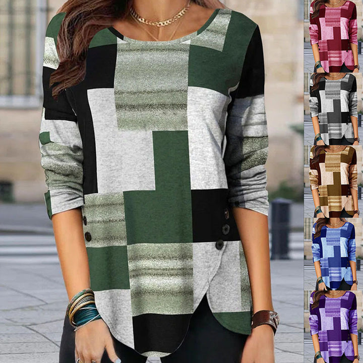 Damen gemustertes Langarm-Tunika-Shirt mit asymmetrischem Saum und dekorativer Knopfleiste Drune