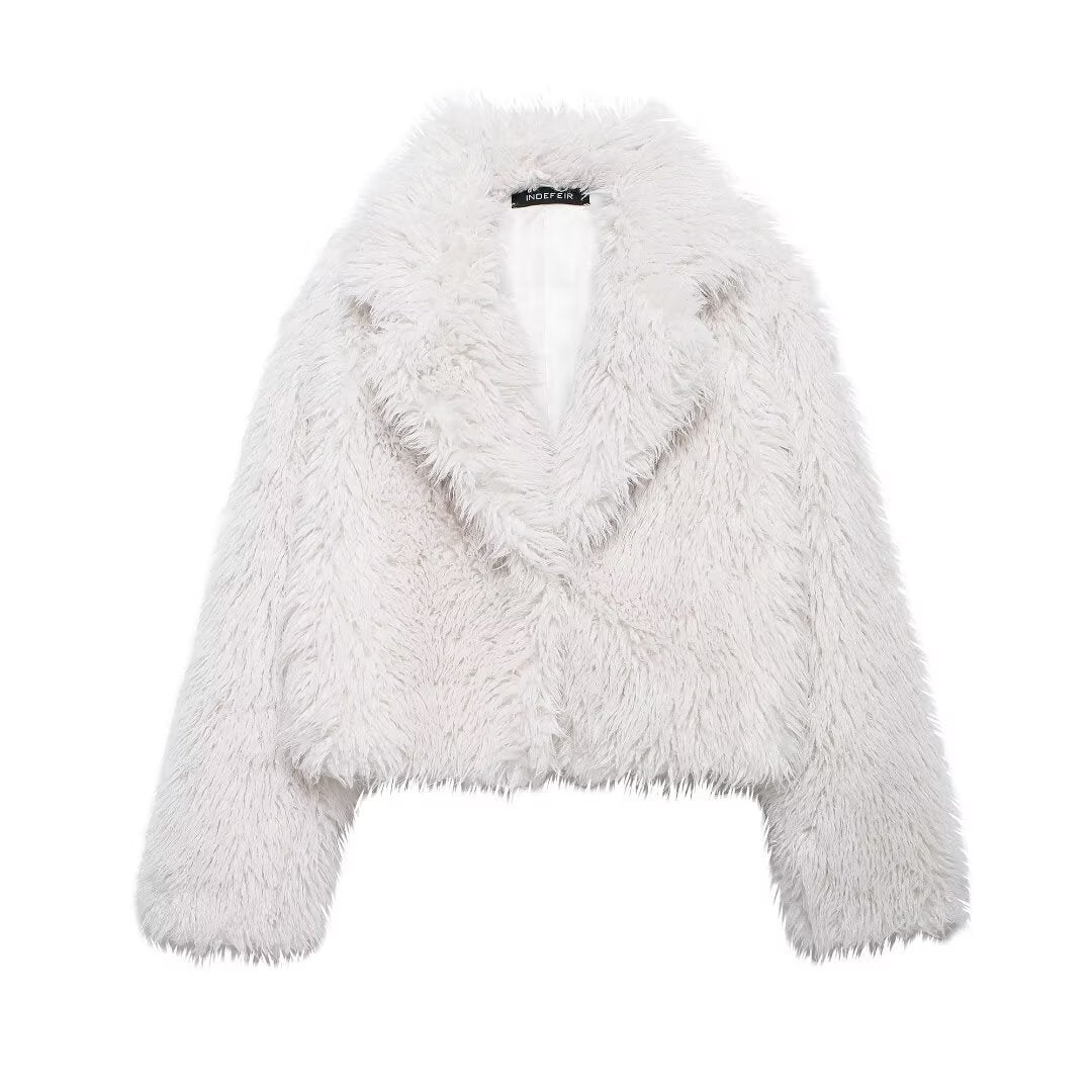 Damen nan kurze kuschelige Kunstfell-Cropped-Jacke mit großzügigem Schalkragen und offener Front Drune