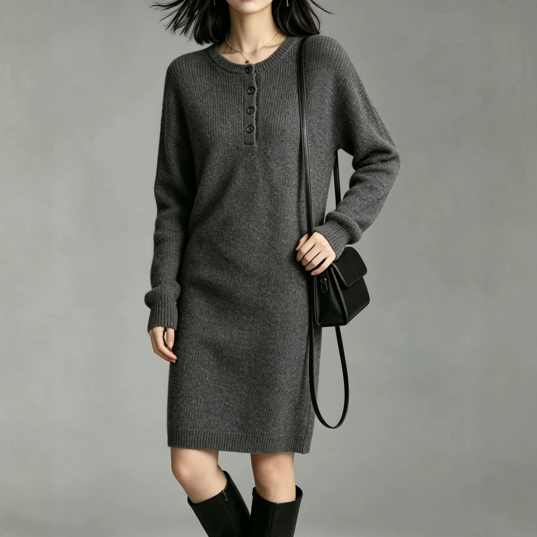 Damen Midilanges Strickkleid mit Henley-Leiste und gerippten Bündchen Drune