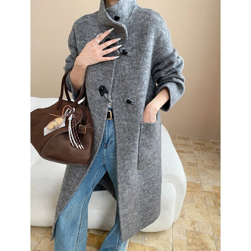 Damen eleganter Wollmantel mit asymmetrischem Kragen und vintage Knopfdetails Drune