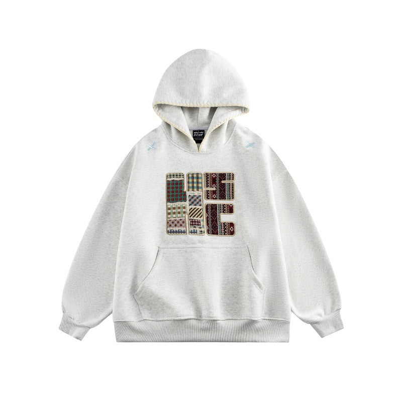Unisex Weit geschnittener Kapuzenpullover mit Patchwork-Applikation und Kängurutasche Drune
